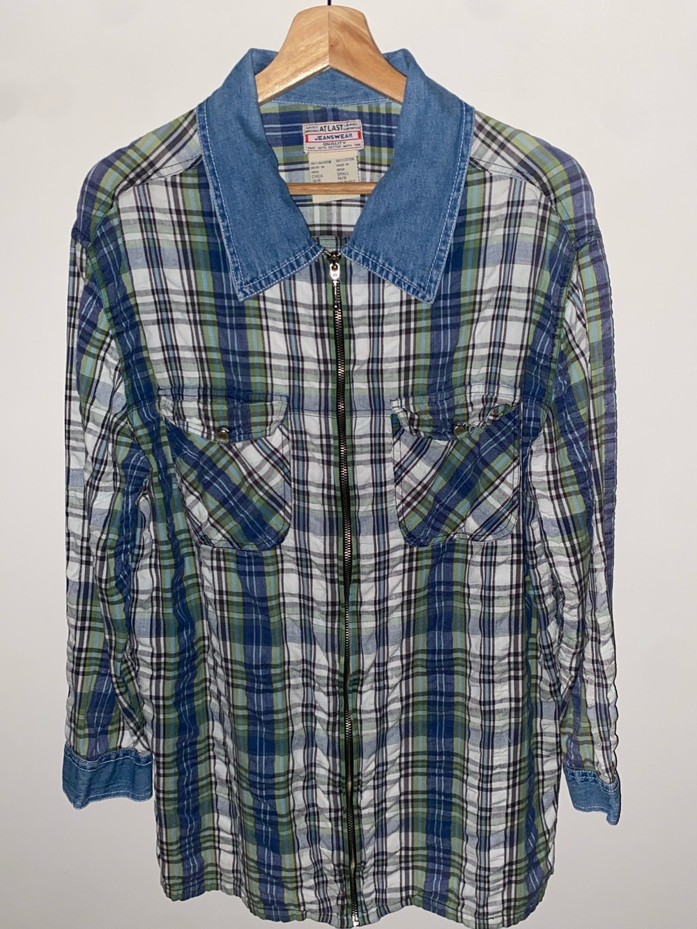 At Last Blue and Green Plaid Zip-Front Shirt Jacket with Denim Collar